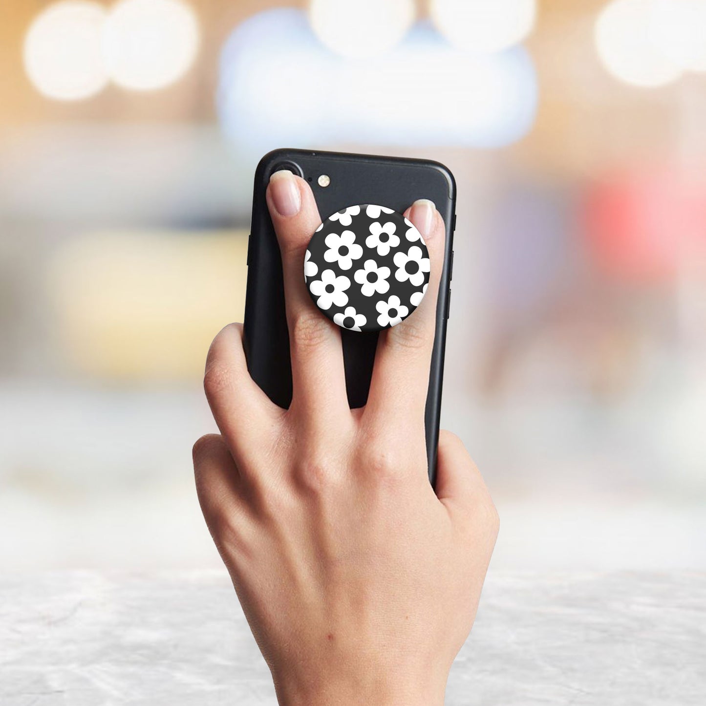 Black Floral Pattern Flat Pop Holder