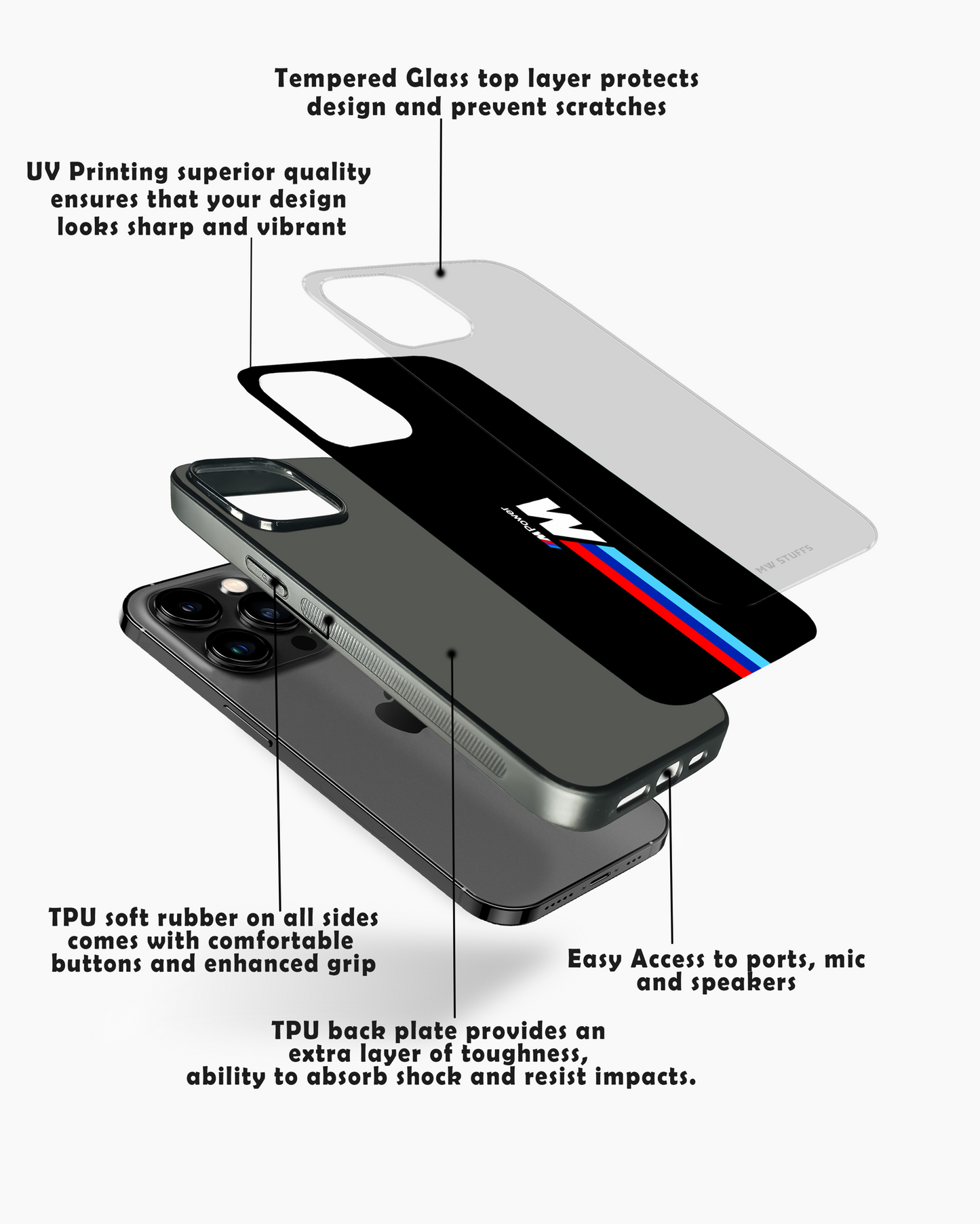 Cool Racing Stripes BLACK Glass Case - - MW Stuffs -