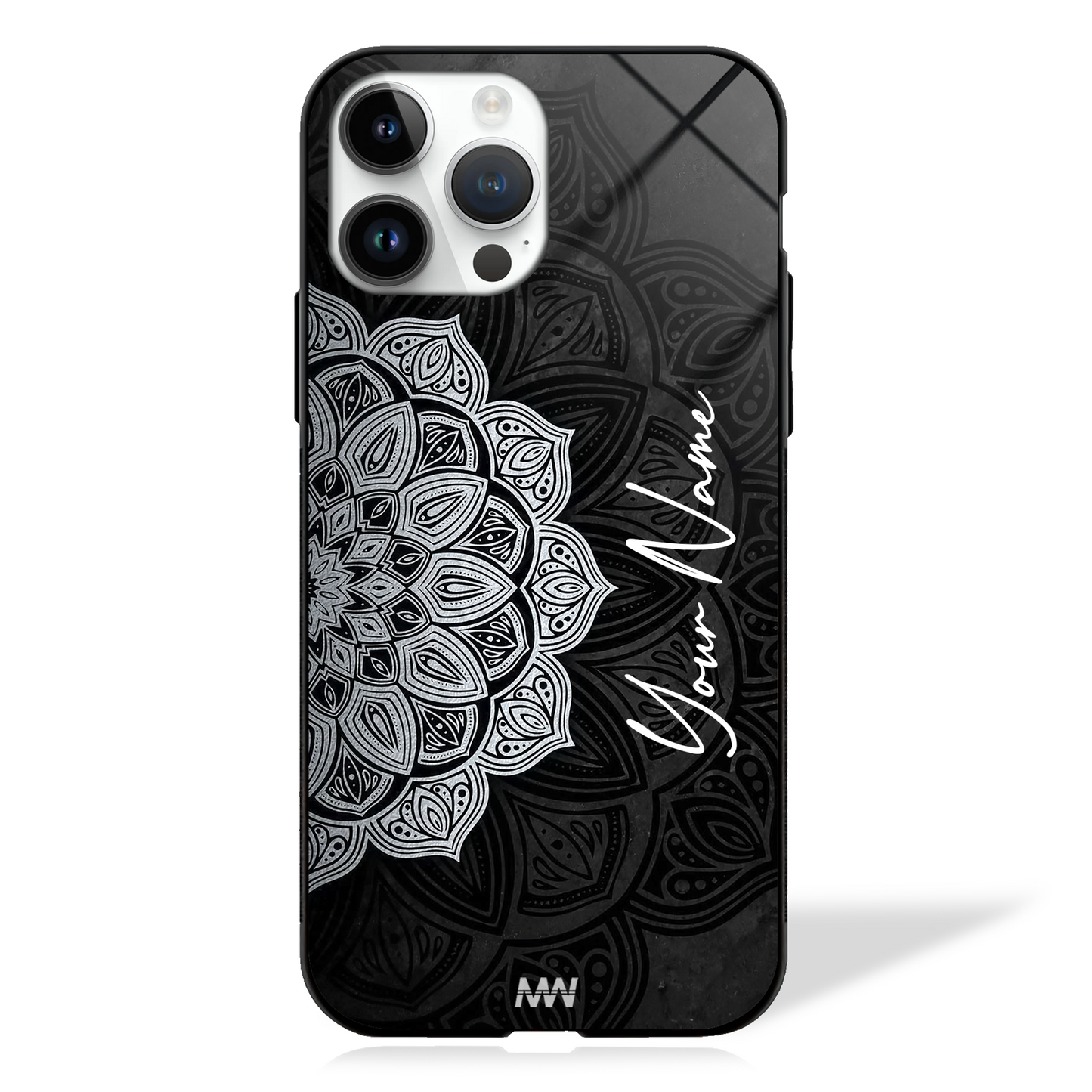 Custom Name Monochrome Mandala GLASS CASE - - MW Stuffs -