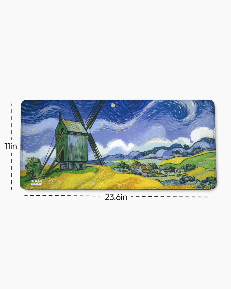 Starry Silhouette Windmill at Twilight Deskmat