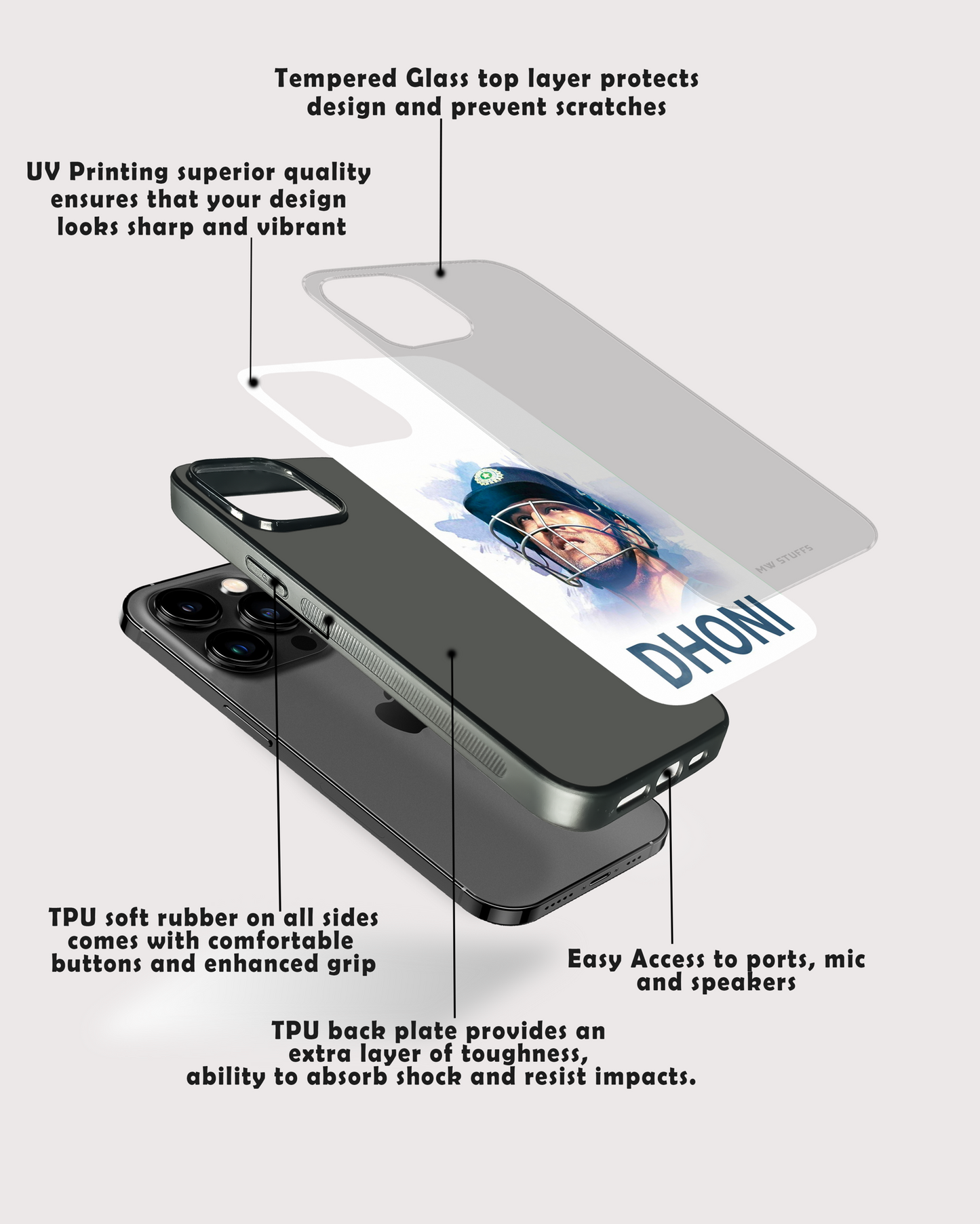 Dhoni Simple White Premium Glass Case - - MW Stuffs -