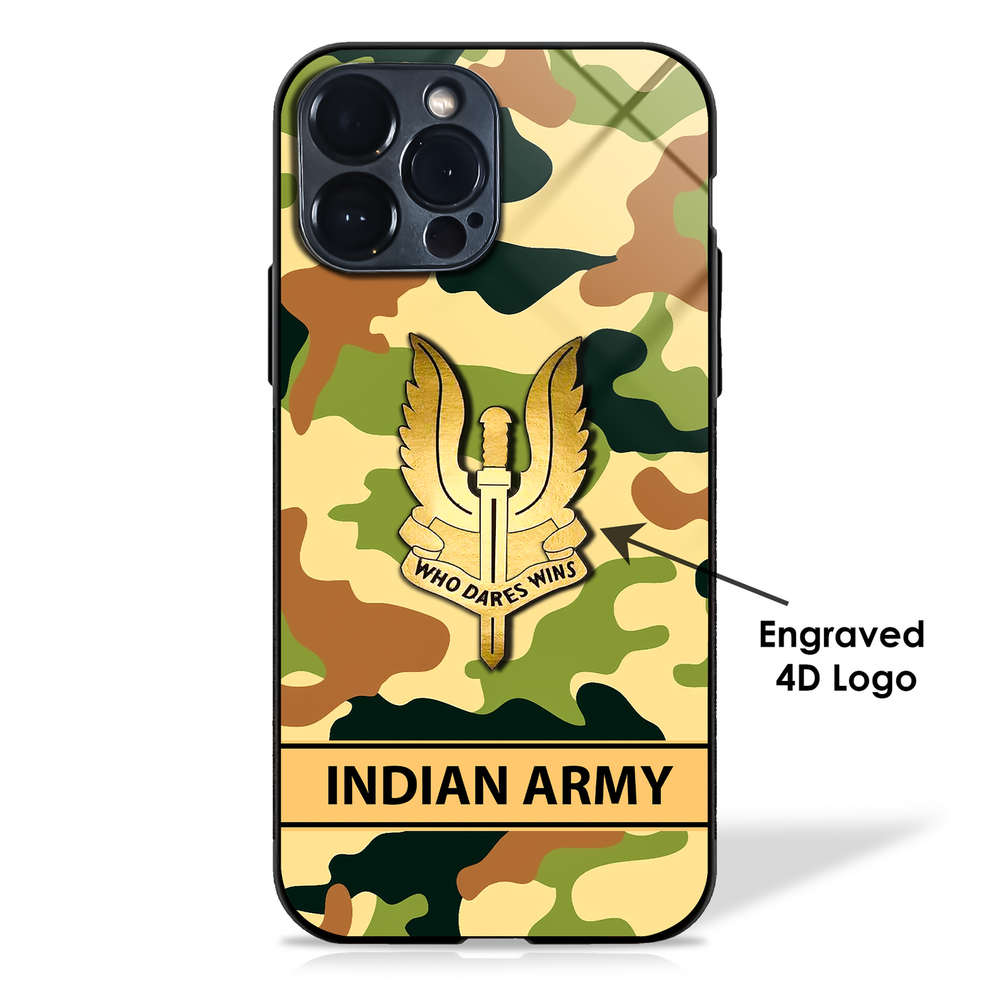 4D Engraved Indian Army Logo Camouflage Glass Case (2 Styles)