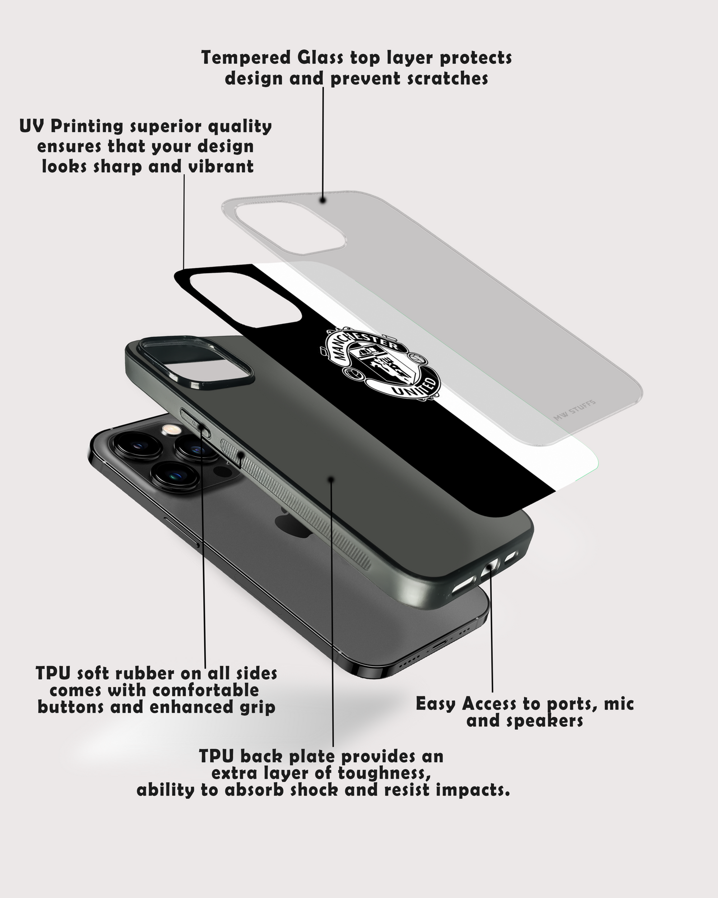 Manchester United Black White Glass Case - - MW Stuffs -