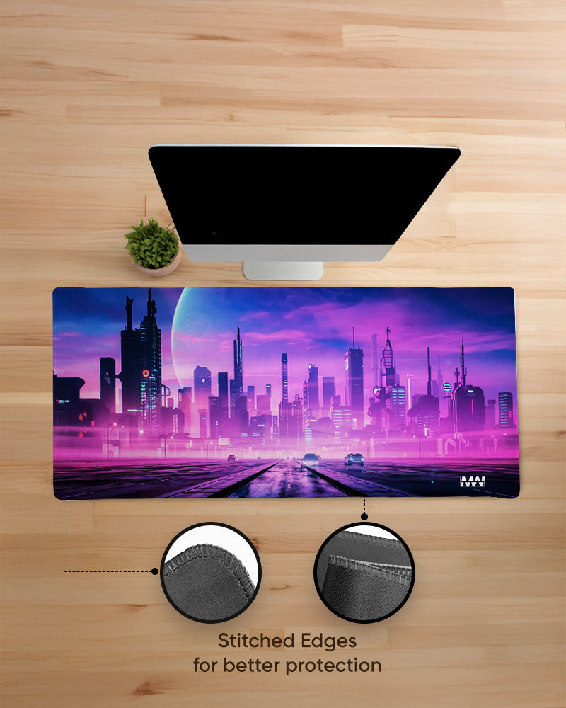 Neon Dreams Futuristic Cityscape Deskmat
