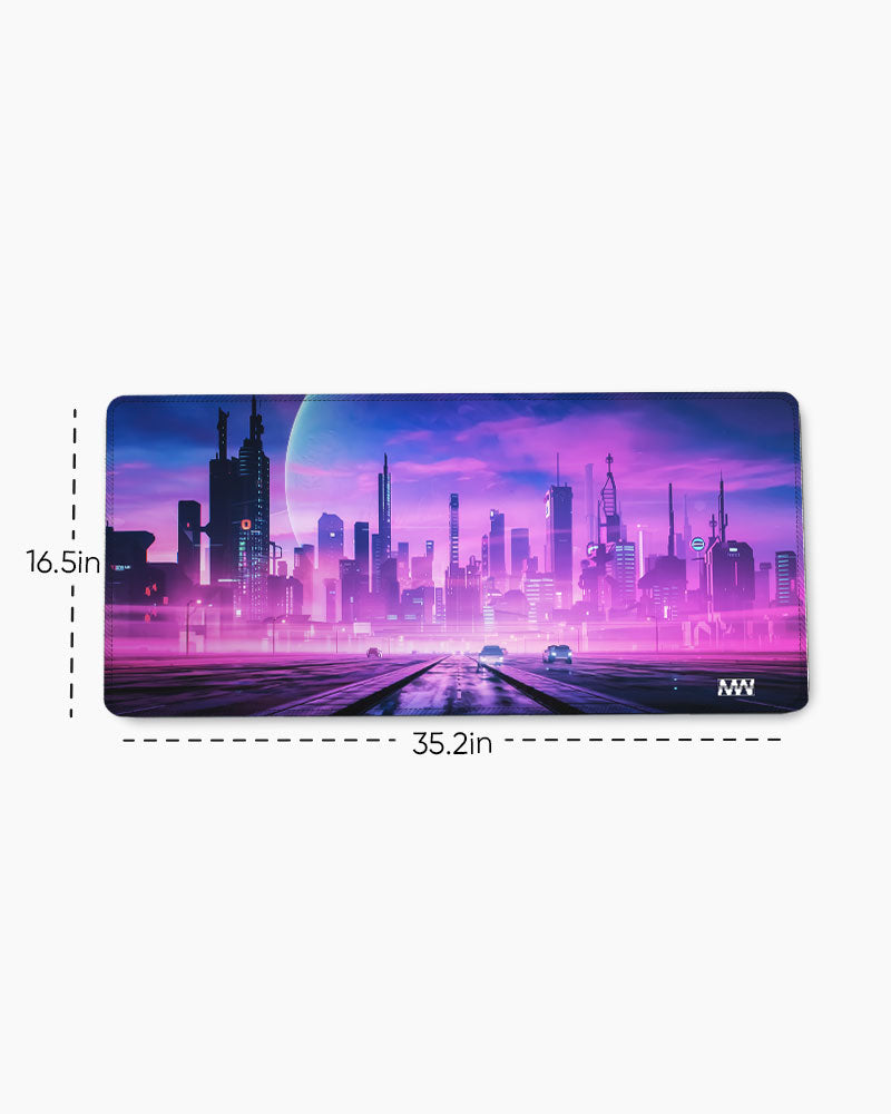 Neon Dreams Futuristic Cityscape Deskmat