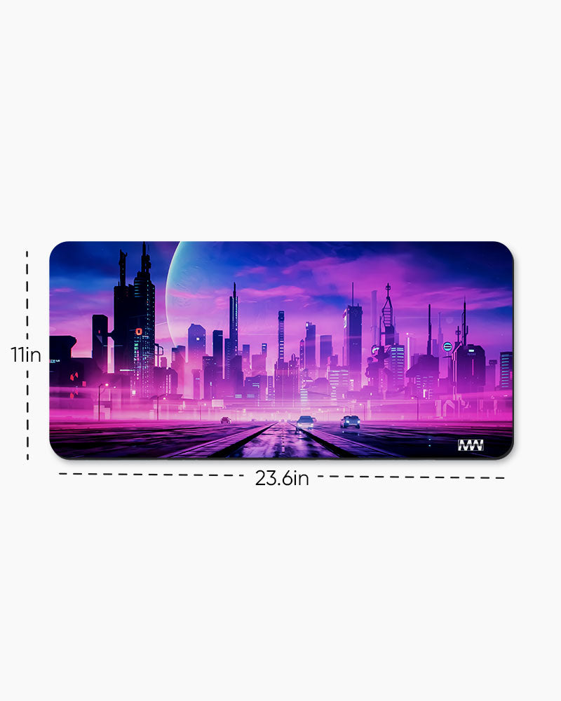 Neon Dreams Futuristic Cityscape Deskmat