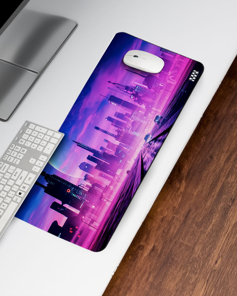 Neon Dreams Futuristic Cityscape Deskmat