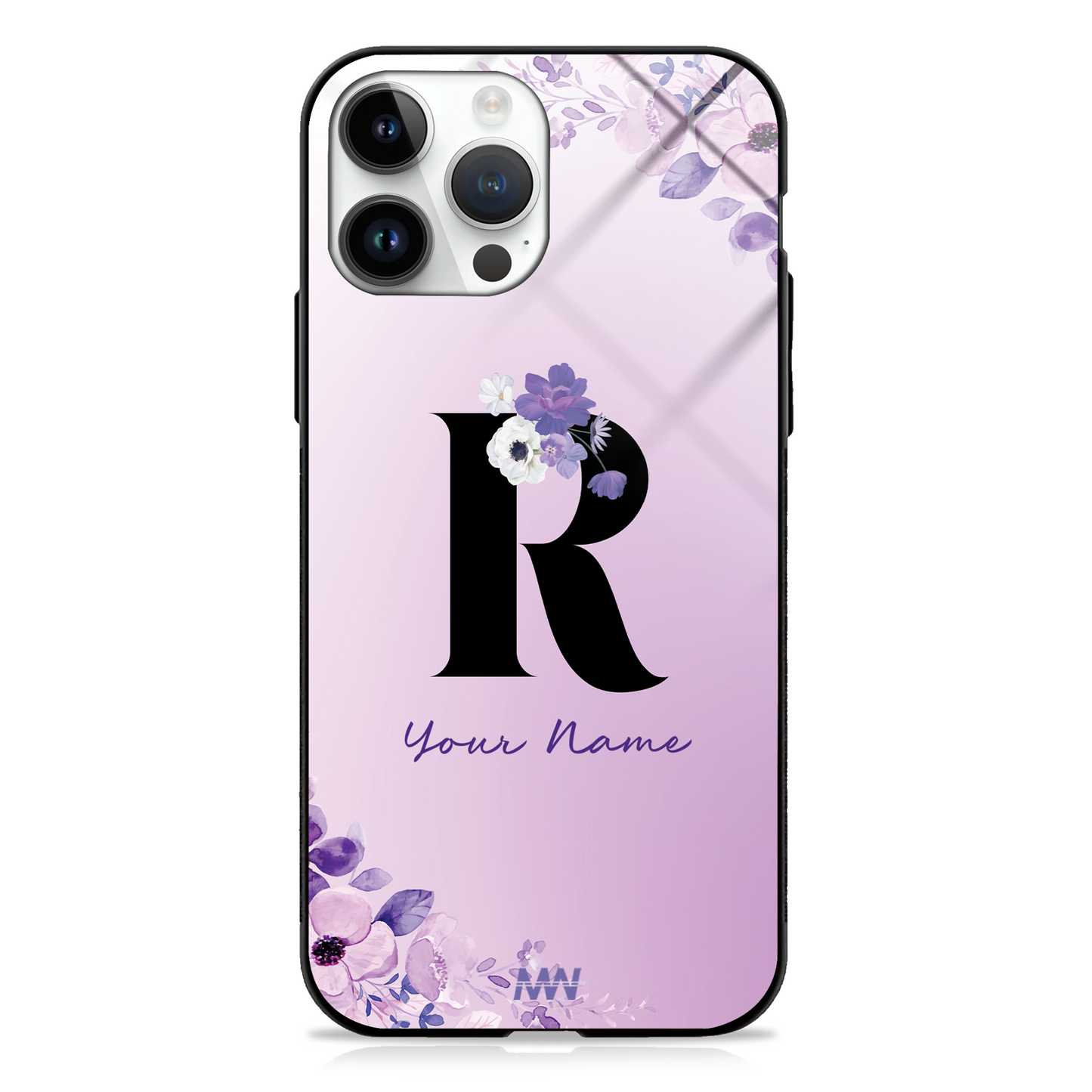 Purple Petals Custom Name Floral Premium GLASS CASES - - MW Stuffs -