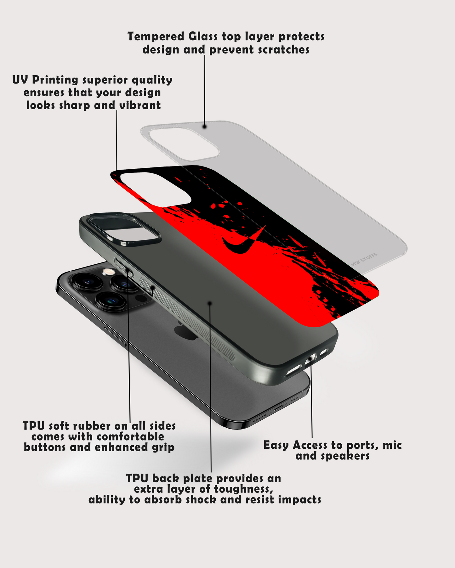Red and Black Splash Brand Name Glass Case - - MW Stuffs -