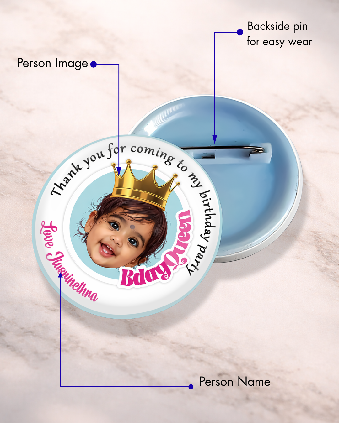 Custom Face Birthday Queen Badge with Pin-Back (58mm)
