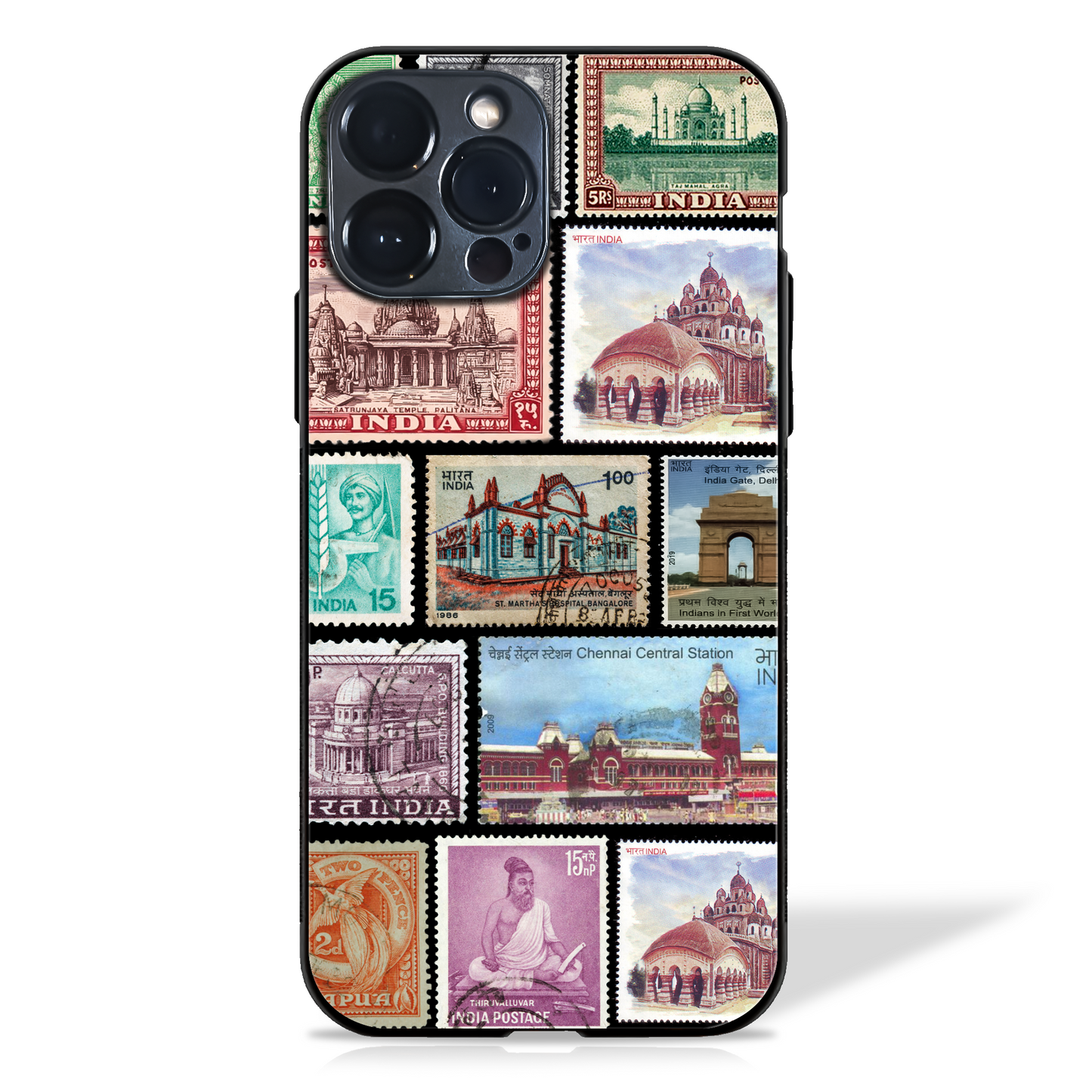 Vintage Indian Stamps Collage Glass Case