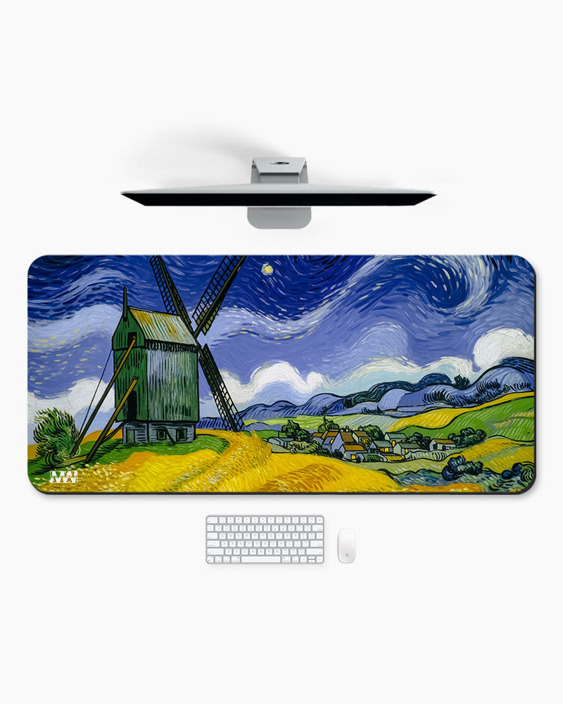 Starry Silhouette Windmill at Twilight Deskmat