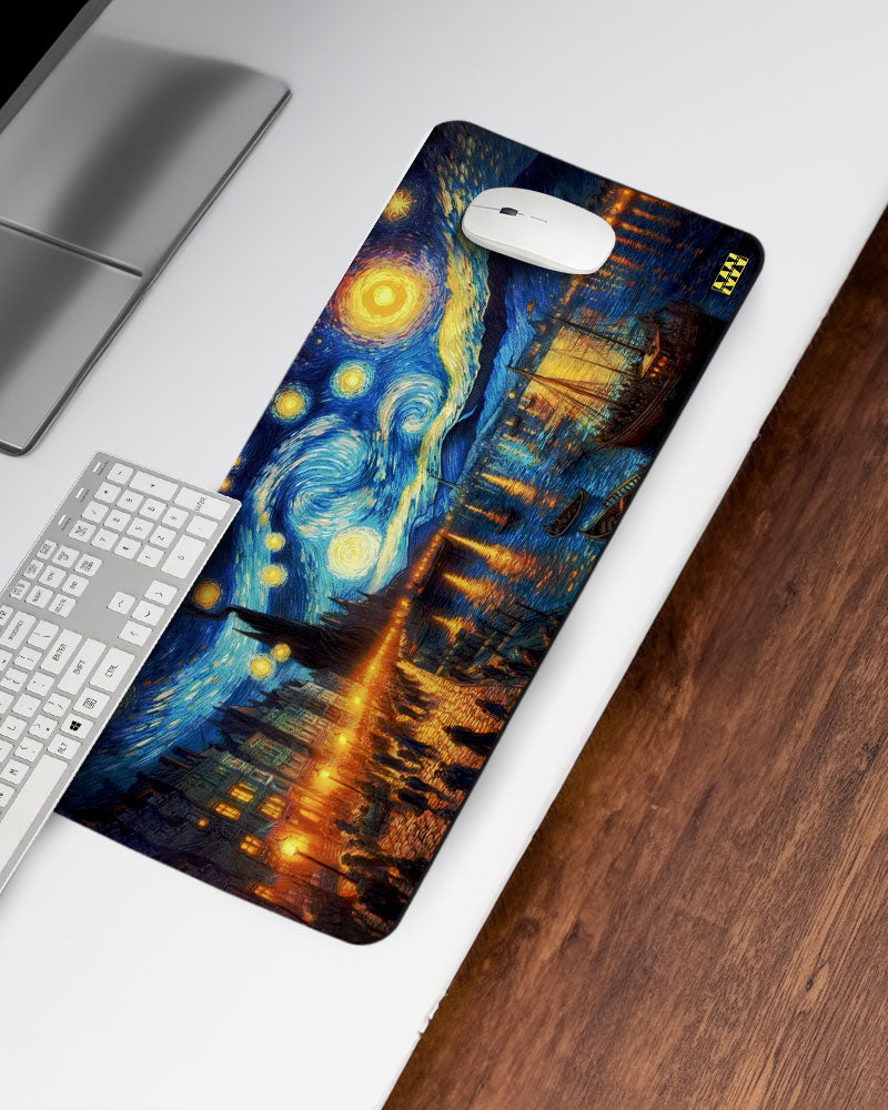 Van Gogh's Starry Cityscape Deskmat