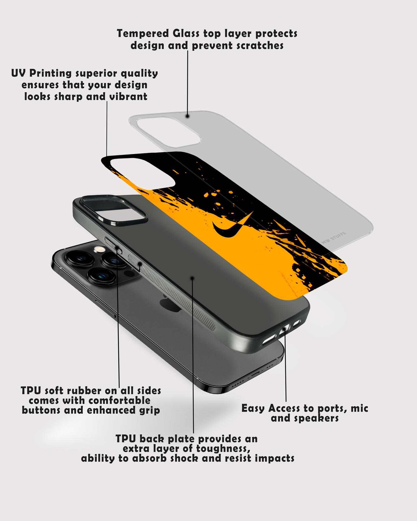 Yellow Black Splash Brand name Glass Case - - MW Stuffs -