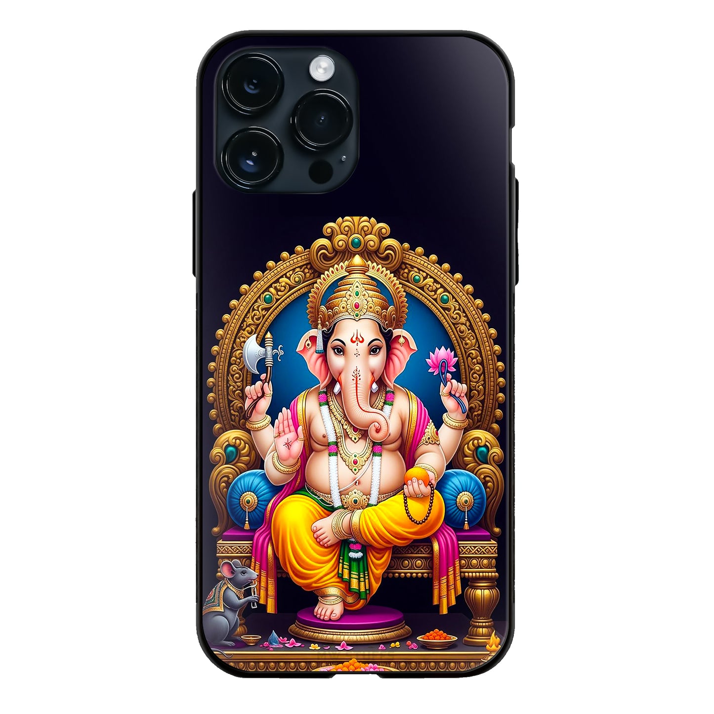 God Ganesha Seated Gold Ornate Throne Dark Glass Case