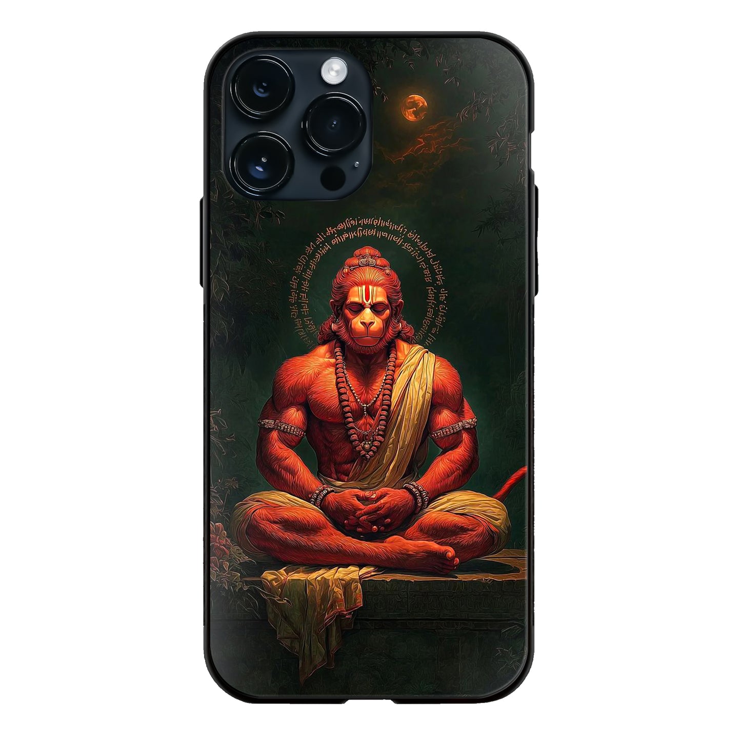 God Hanuman Meditating Forest Moonlight Glass Case