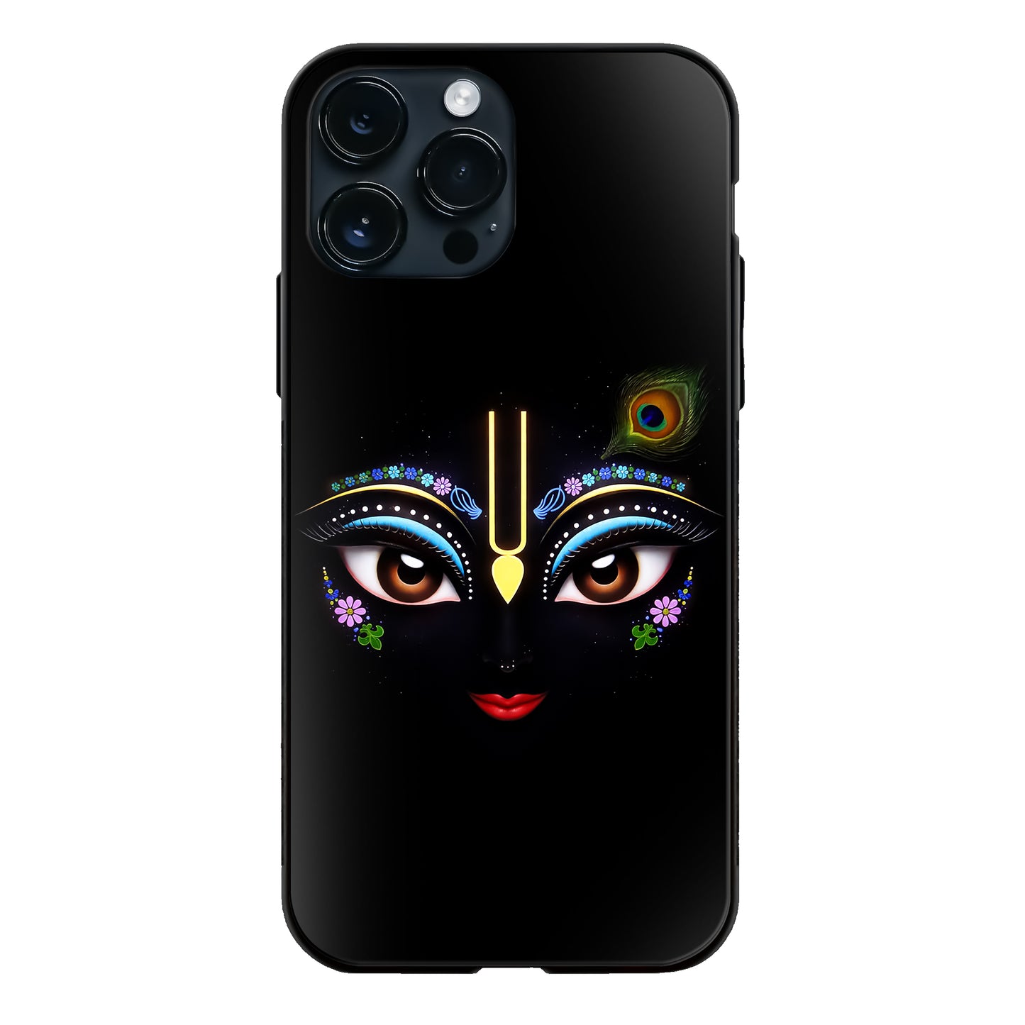 God Krishna Divine Eyes Peacock Feather Dark Glass Case