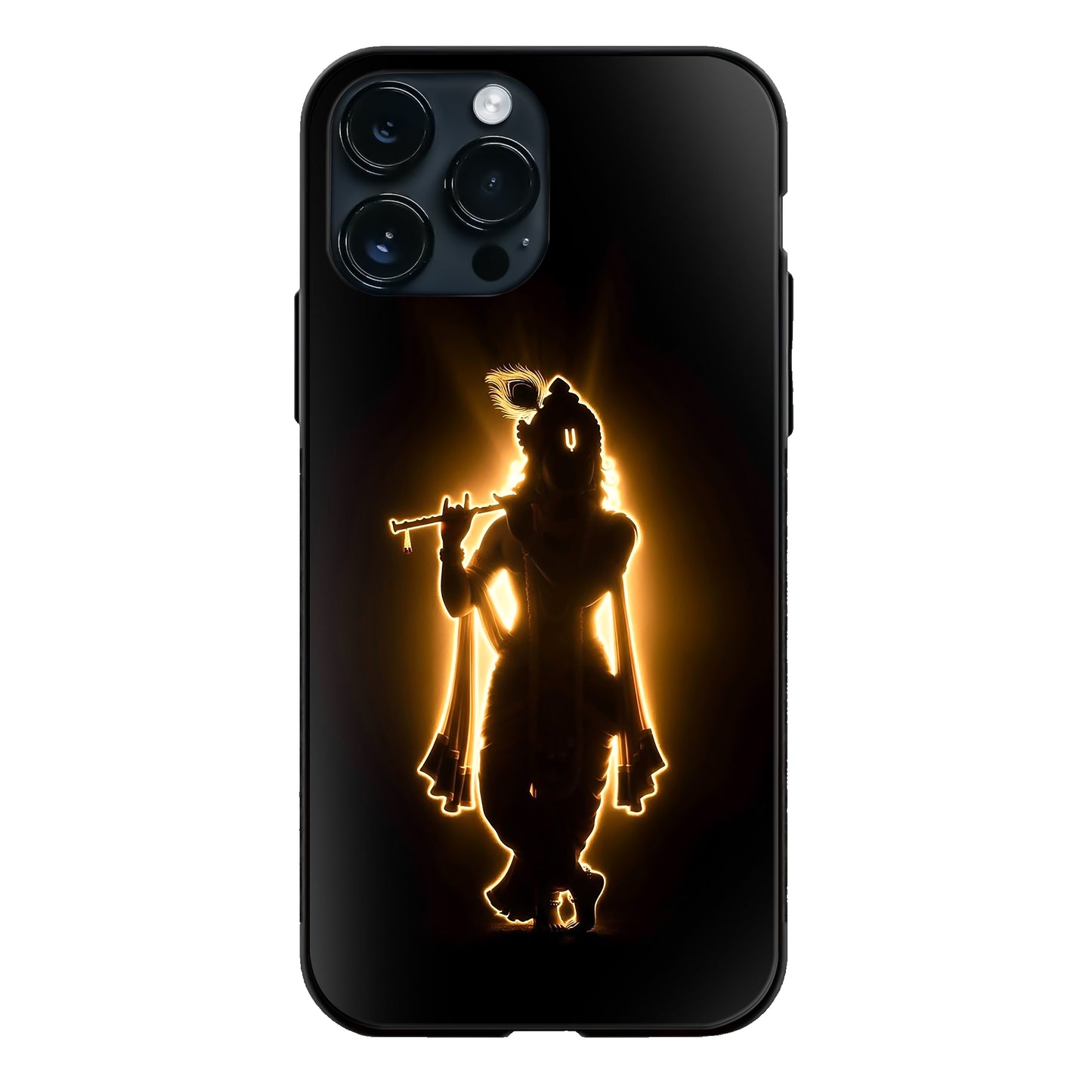 God Krishna Glowing Silhouette Playing Flute Dark Glass Case
