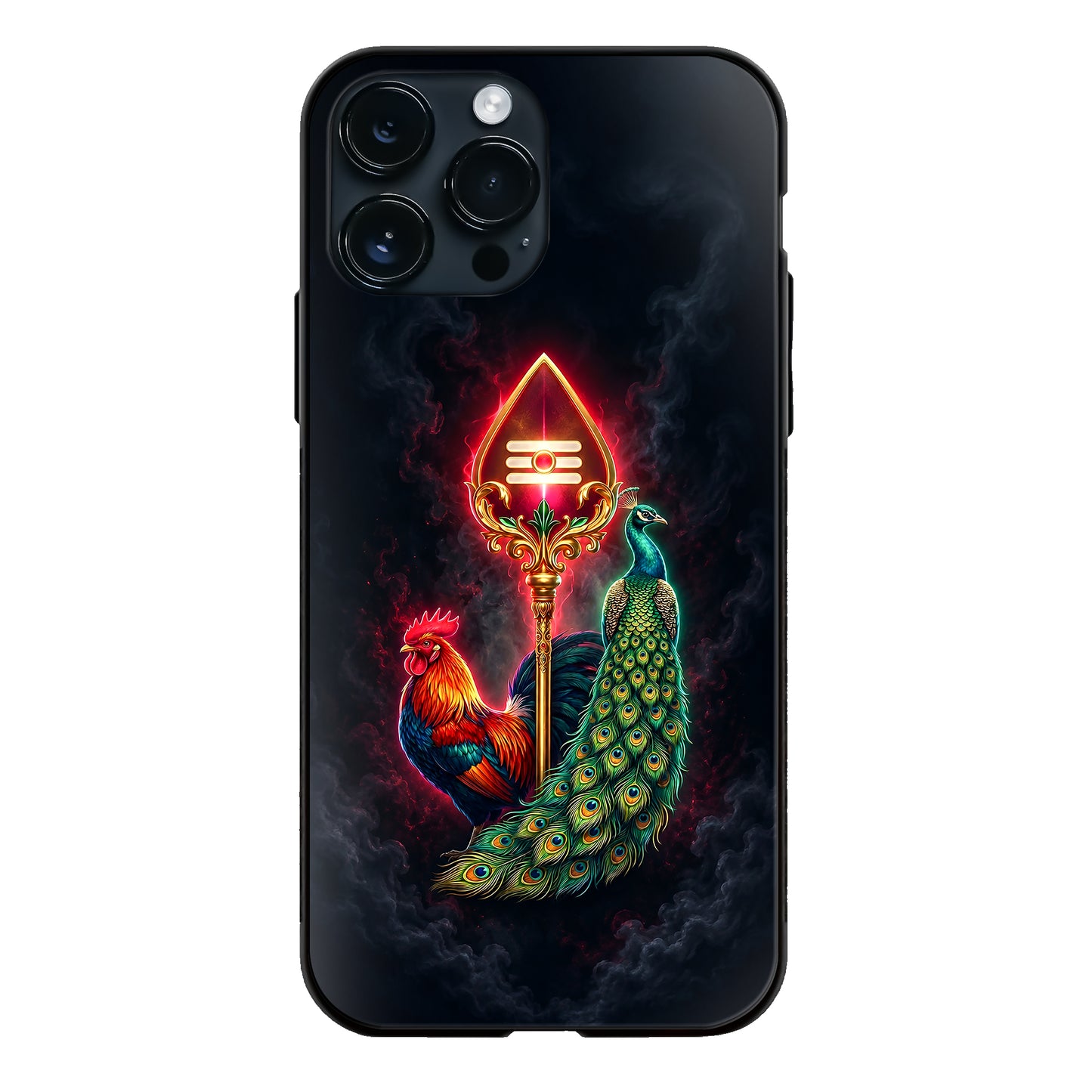 God Murugan Vel Glowing Red Peacock Rooster Dark Glass Case