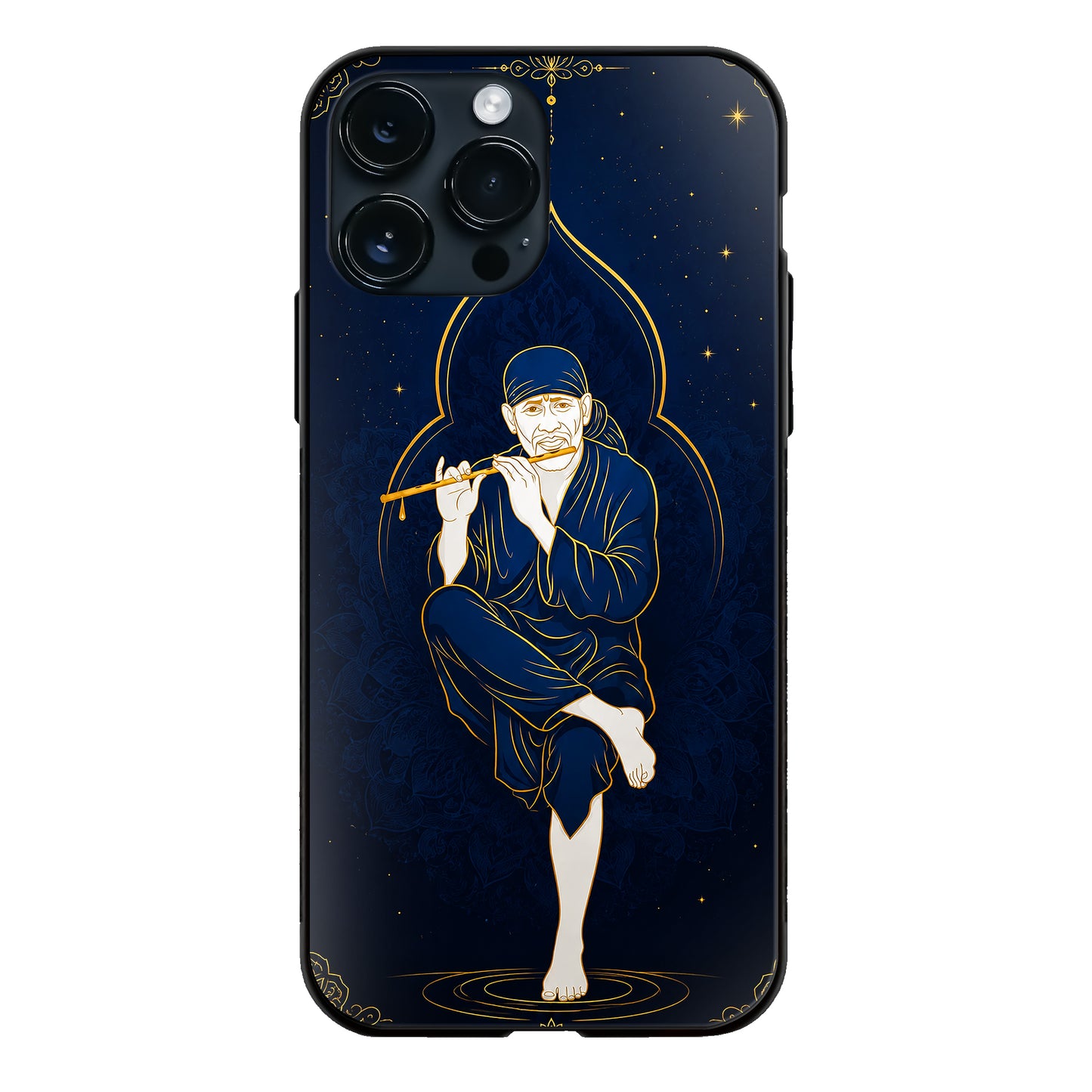 God Sai Baba Playing Flute Gold Line Art Dark Blue Glass Case