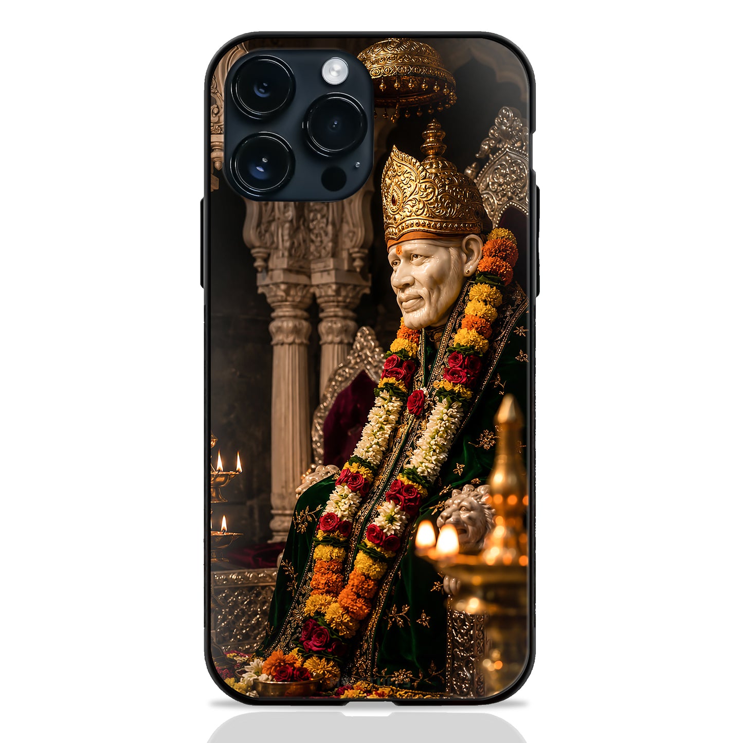 God Sai Baba Shirdi Decorated Throne Flowers Golden Temple Glass Case