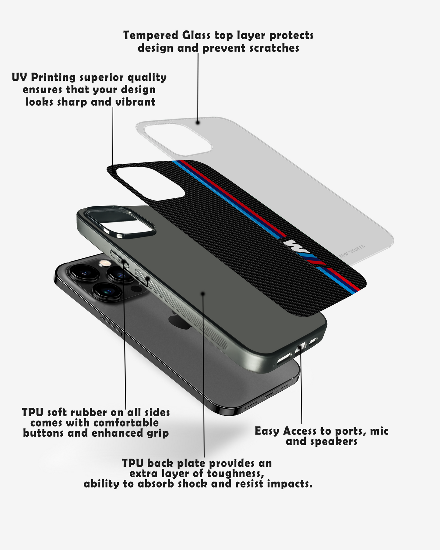 Cool Racing Stripes Black Carbon Glass Case -  - MW Stuffs - 