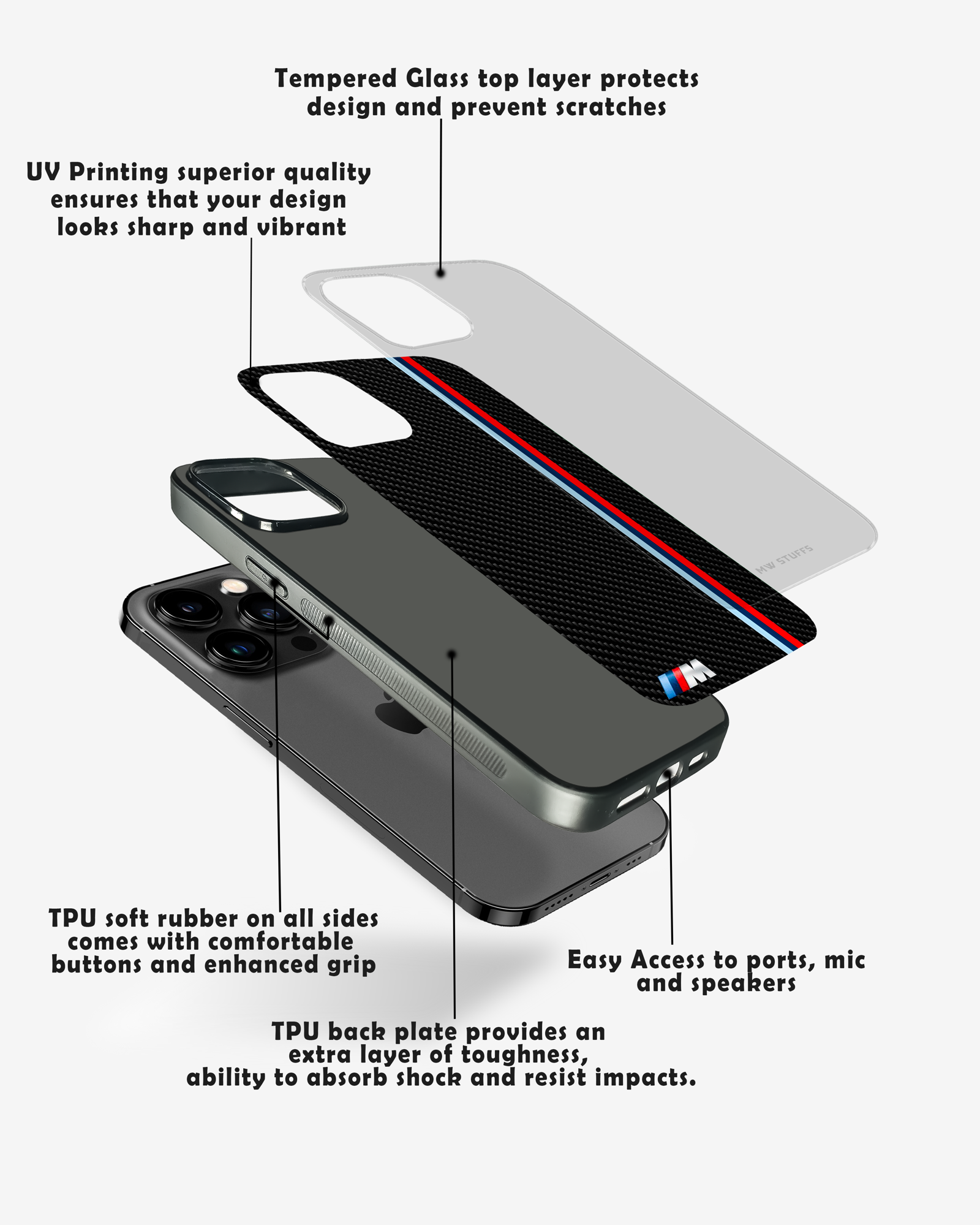 Cool Racing Stripes Black Carbon Pattern Glass Case -  - MW Stuffs - 