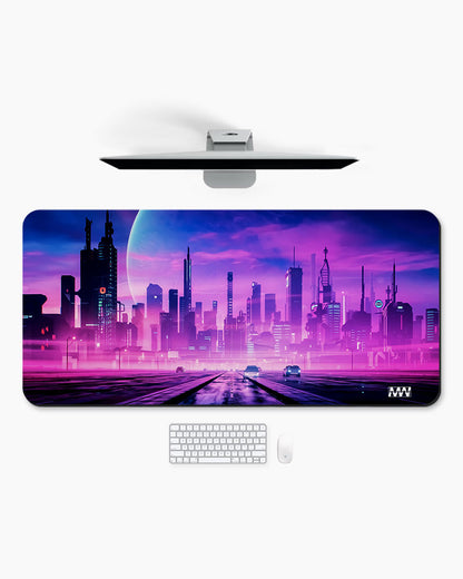 Neon Dreams Futuristic Cityscape Deskmat