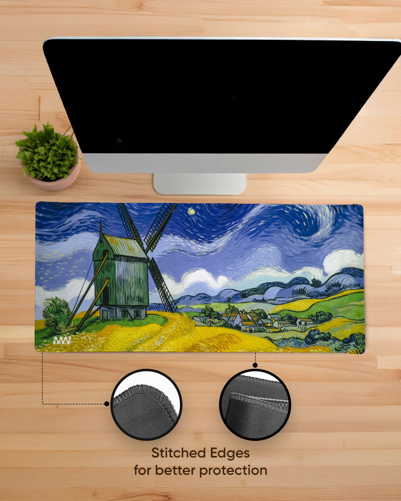 Starry Silhouette Windmill at Twilight Deskmat