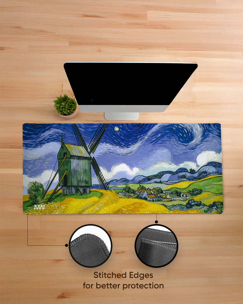 Starry Silhouette Windmill at Twilight Deskmat