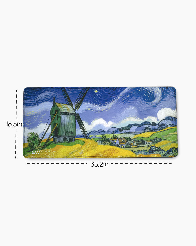 Starry Silhouette Windmill at Twilight Deskmat