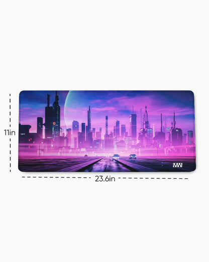Neon Dreams Futuristic Cityscape Deskmat