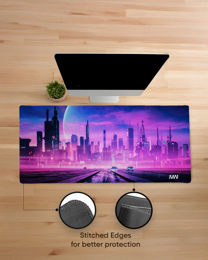 Neon Dreams Futuristic Cityscape Deskmat