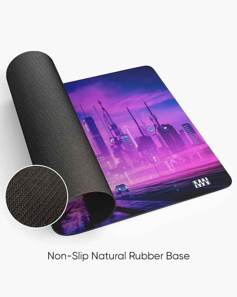 Neon Dreams Futuristic Cityscape Deskmat