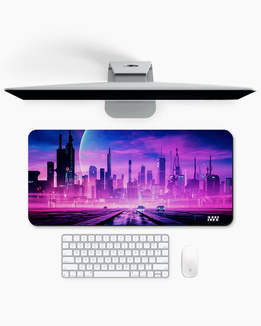Neon Dreams Futuristic Cityscape Deskmat