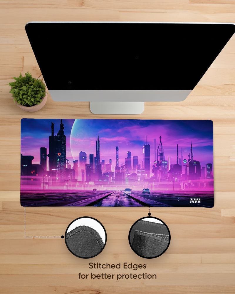Neon Dreams Futuristic Cityscape Deskmat