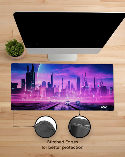 Neon Dreams Futuristic Cityscape Deskmat