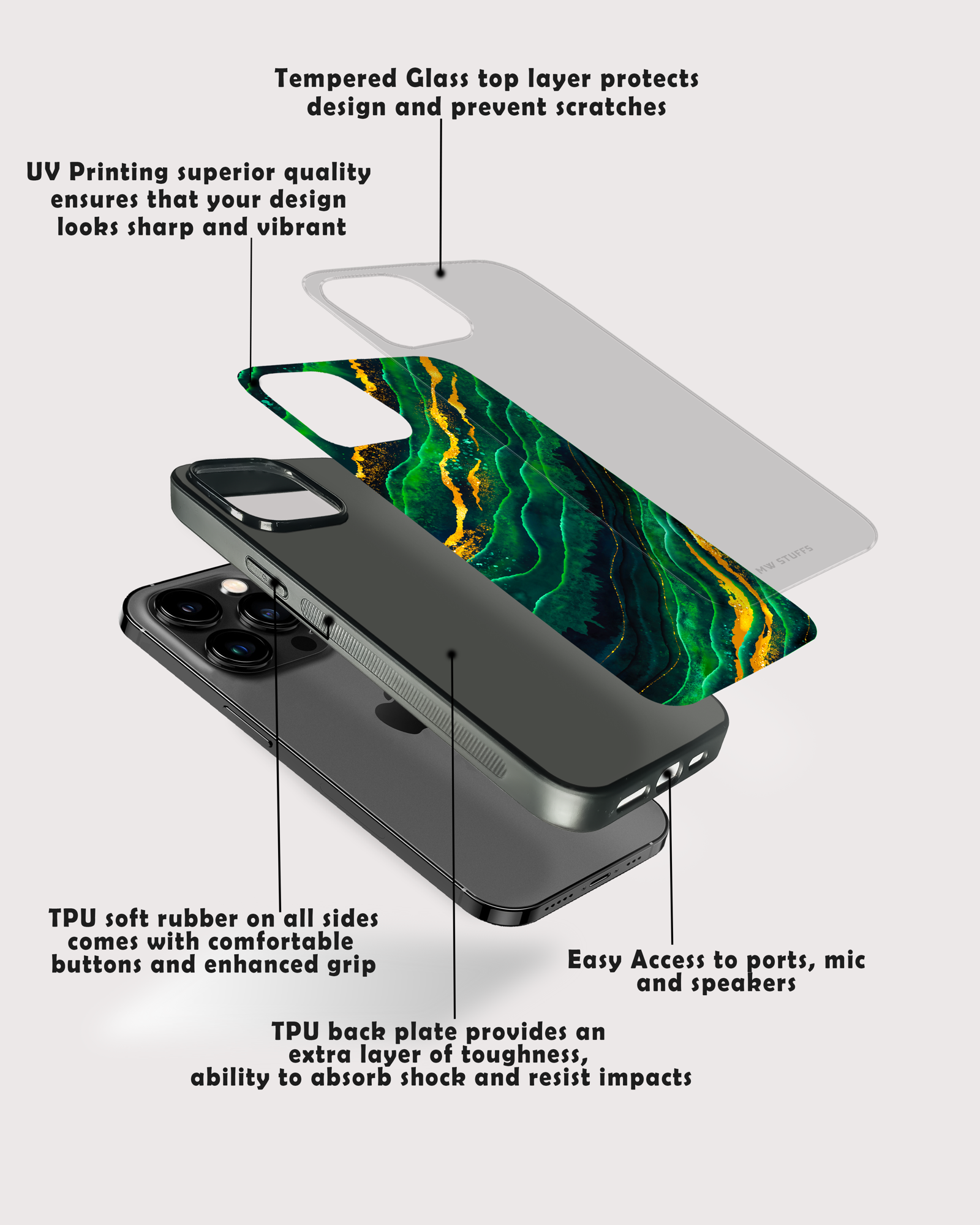 Opulent Emerald Marble Design Glass Case -  - MW Stuffs - 