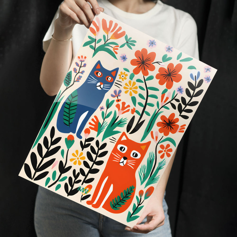 Scandi Cat Floral Metal-Poster