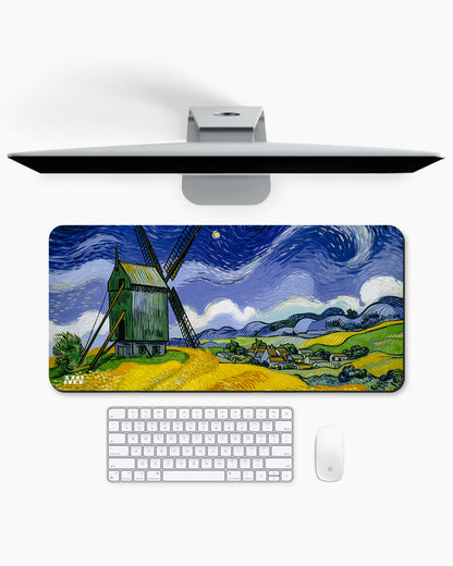 Starry Silhouette Windmill at Twilight Deskmat