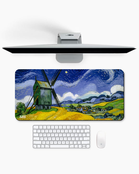 Starry Silhouette Windmill at Twilight Deskmat