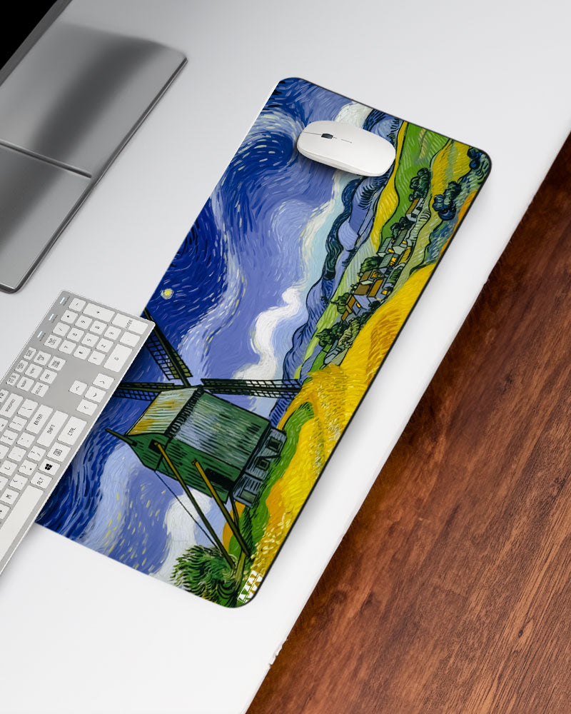 Starry Silhouette Windmill at Twilight Deskmat