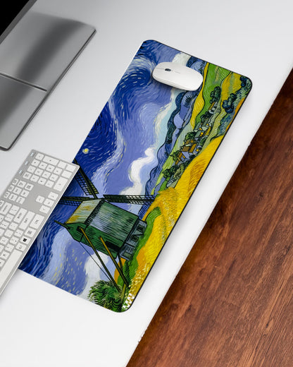 Starry Silhouette Windmill at Twilight Deskmat