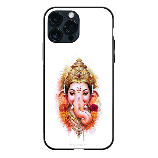 God Ganesha Face Flowers Watercolor Gold Crown White glass phone case
