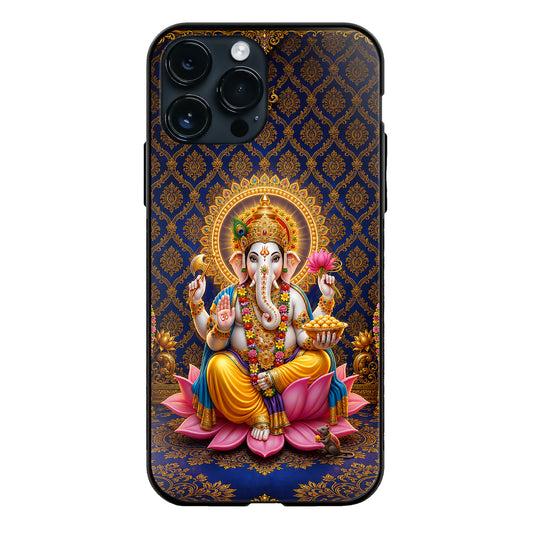 God Ganesha Seated Pink Lotus Blue Floral glass phone case