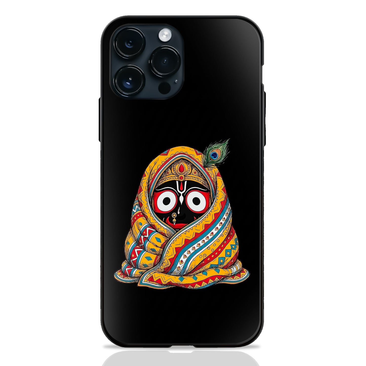 God Jagannath Wrapped Tribal Cloth Peacock Feather Dark Glass Case