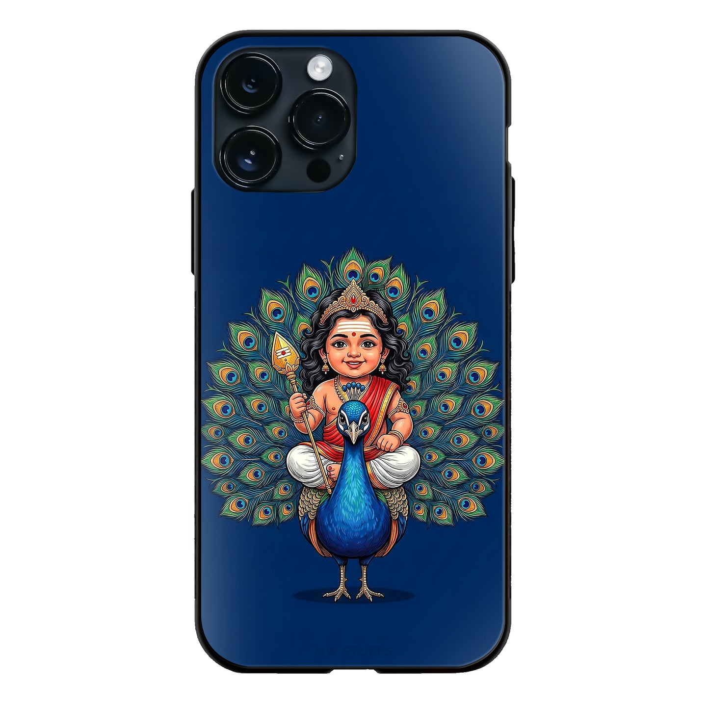 Baby God Murugan Riding Peacock Full Feathers Blue Glass Case