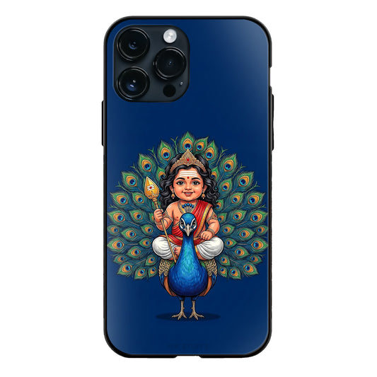 Baby God Murugan Riding Peacock Full Feathers Blue Glass Case