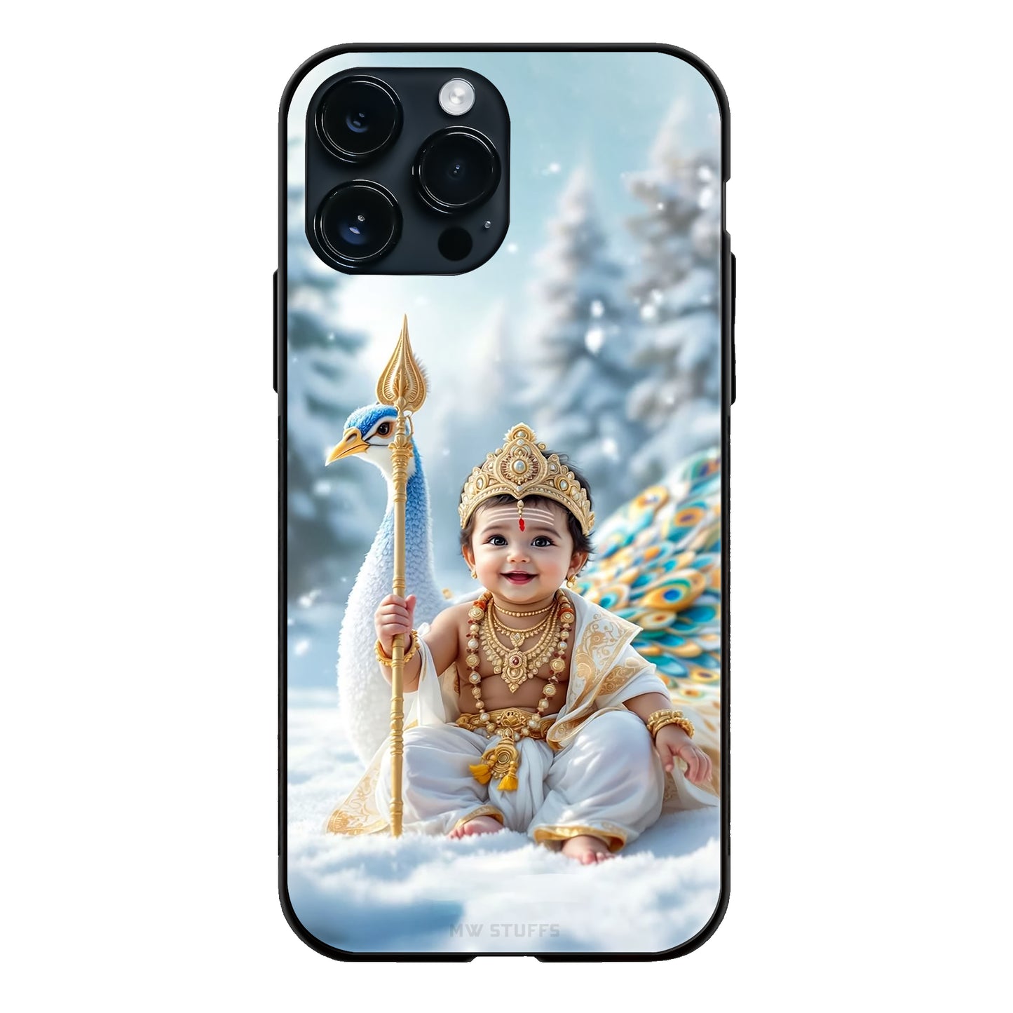 God Murugan Baby Smiling Snow White Peacock Vel Glass Case