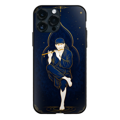 God Sai Baba Playing Flute Gold Line Art Dark Blue glass phone case